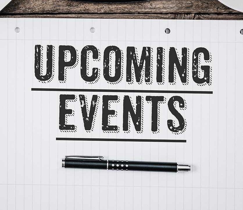 a keyboards and sheet of paper with a pen resting paper has caption Upcoming Events
